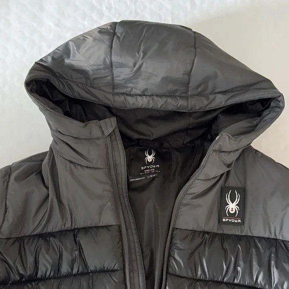 Spyder Men's Black and Dark Gray Puffer Jacket - Picture 2 of 7